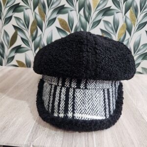Tweed Plaid & Sherpa Brimmed Hat Black White Mixed Media One Size Adjustable 22"